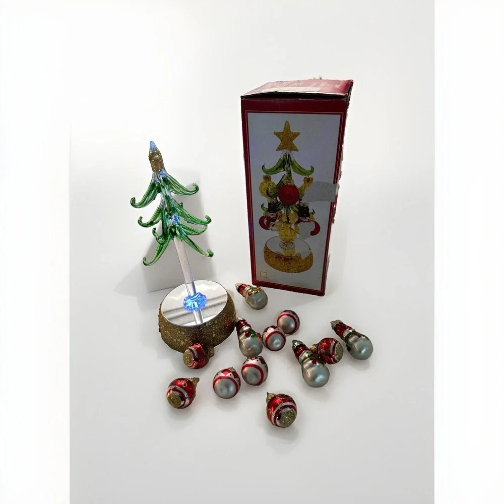 Ganz Light Up Glass Christmas Tree w/ 12 Ornaments NIB LED Holiday Decor 5